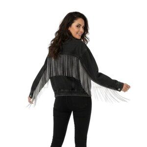 Le Lis Tassel Denim Jacket M | Black Wash Rhinestone Chain Fringe Cotton Western